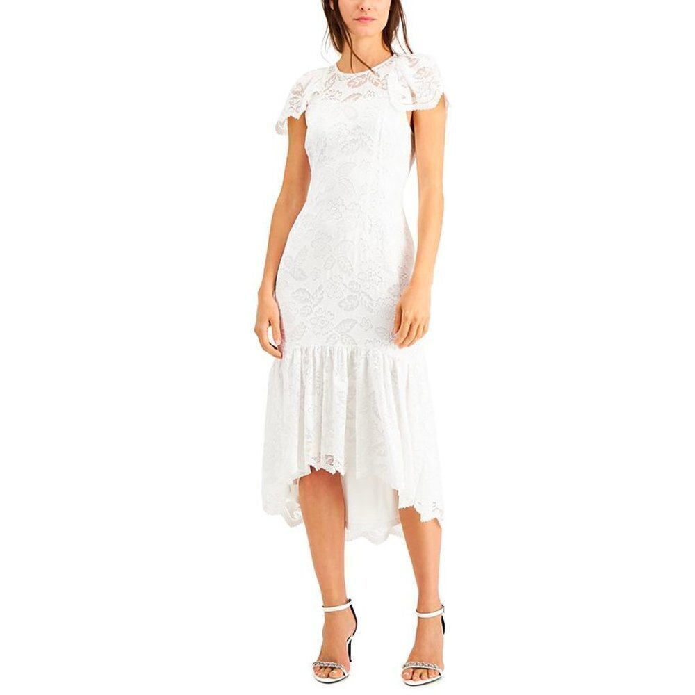 Calvin Klein White Hi-lo Hem Lined Flutter Sleeve Midi Mermaid Dress Party NEW
